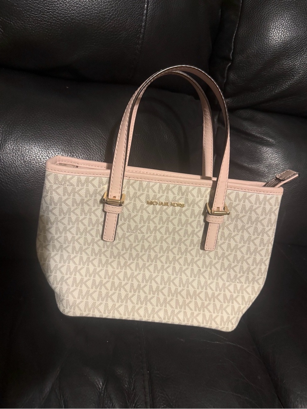 Michael Kors Beige Logo Canvas Tote with Pink Trim